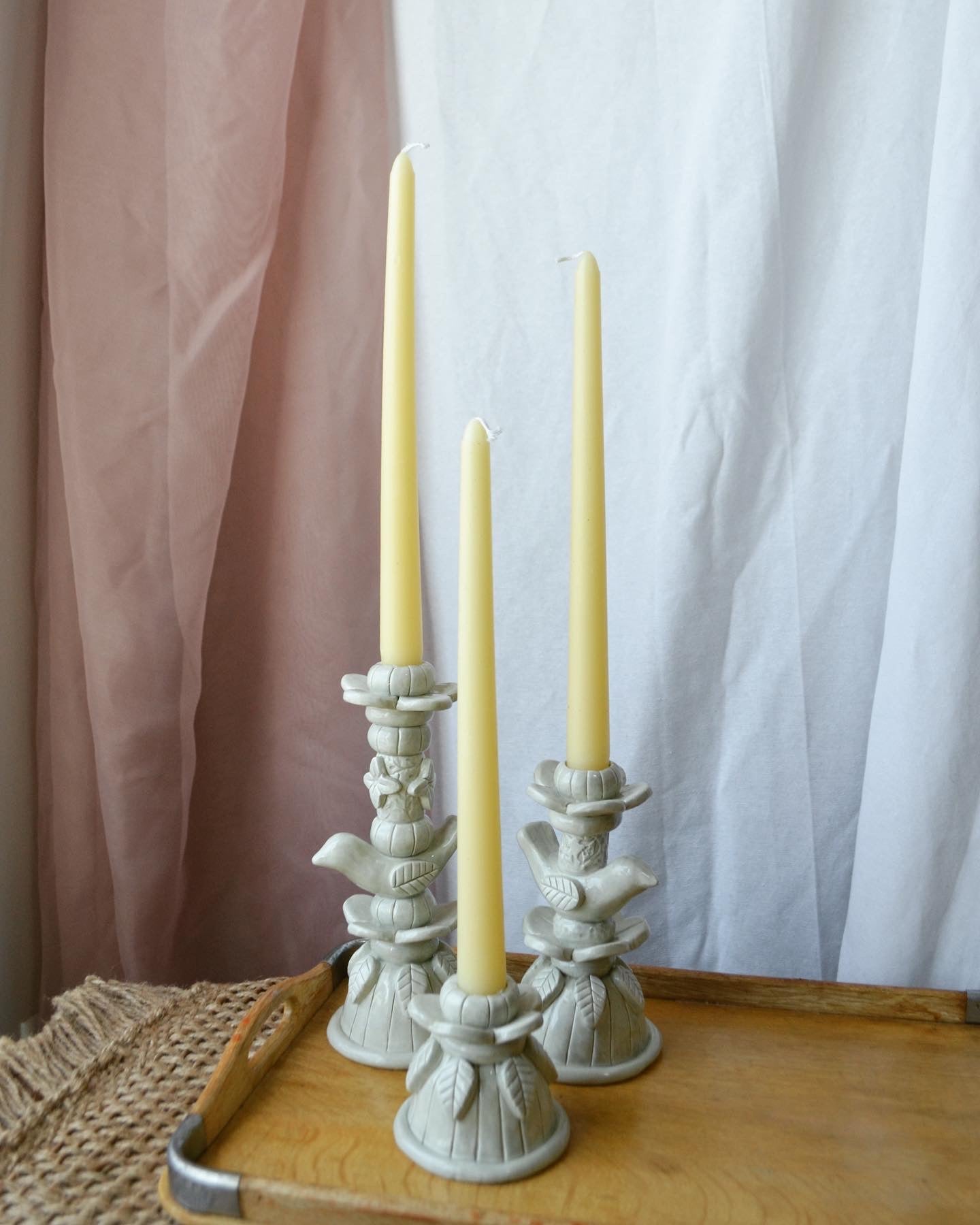 Hand-Built Ceramic Floral Spring Candle Holder Set