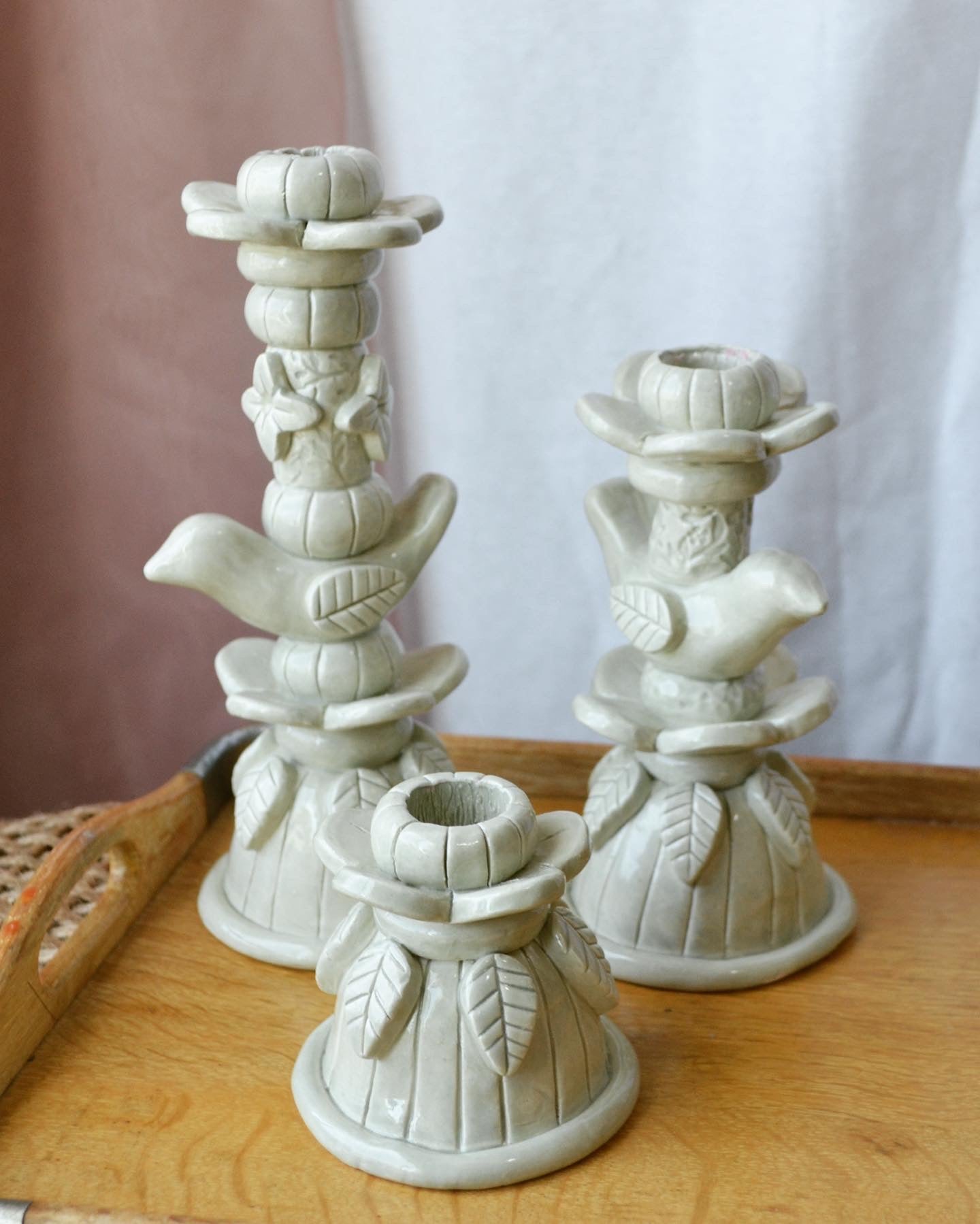 Hand-Built Ceramic Floral Spring Candle Holder Set