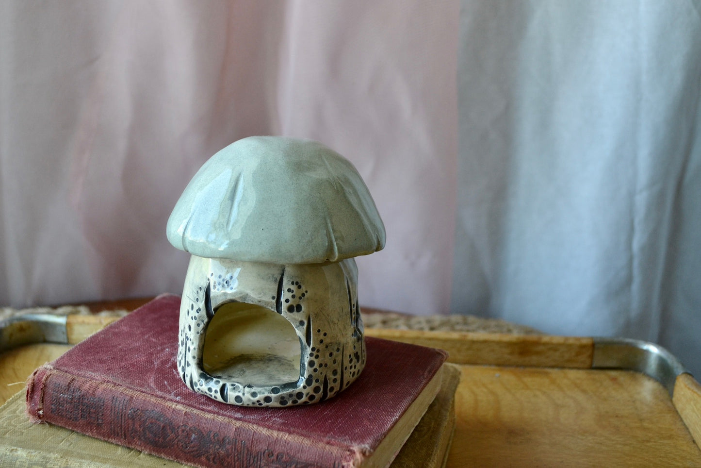 Hand Built Ceramic Tea Light Candle Holder Mushroom House