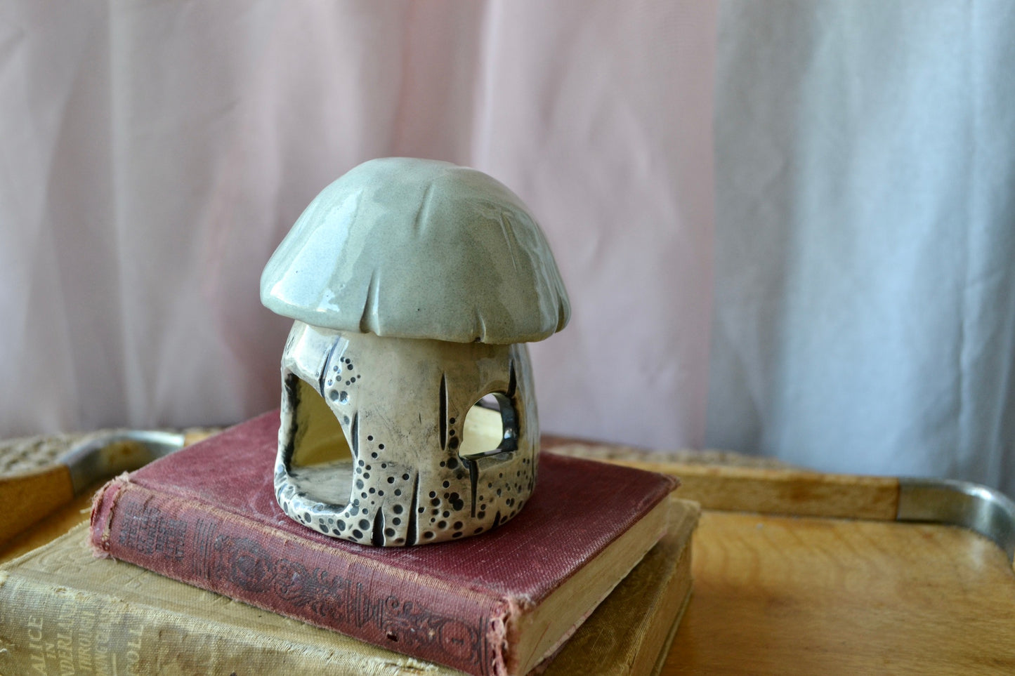 Hand Built Ceramic Tea Light Candle Holder Mushroom House