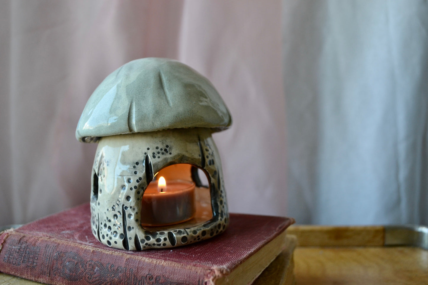 Hand Built Ceramic Tea Light Candle Holder Mushroom House