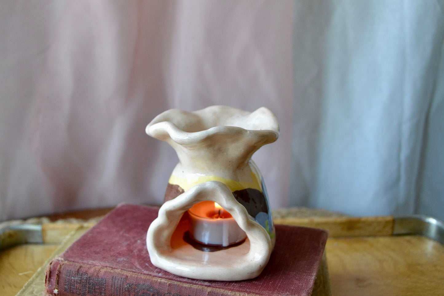 Hand Sculpted and Painted Ceramic Tealight Holder/ Cone Incense Burner