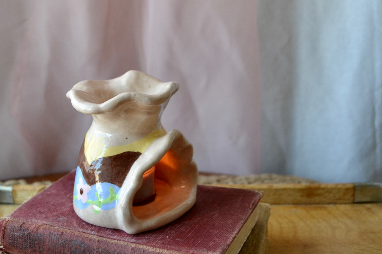 Hand Sculpted and Painted Ceramic Tealight Holder/ Cone Incense Burner