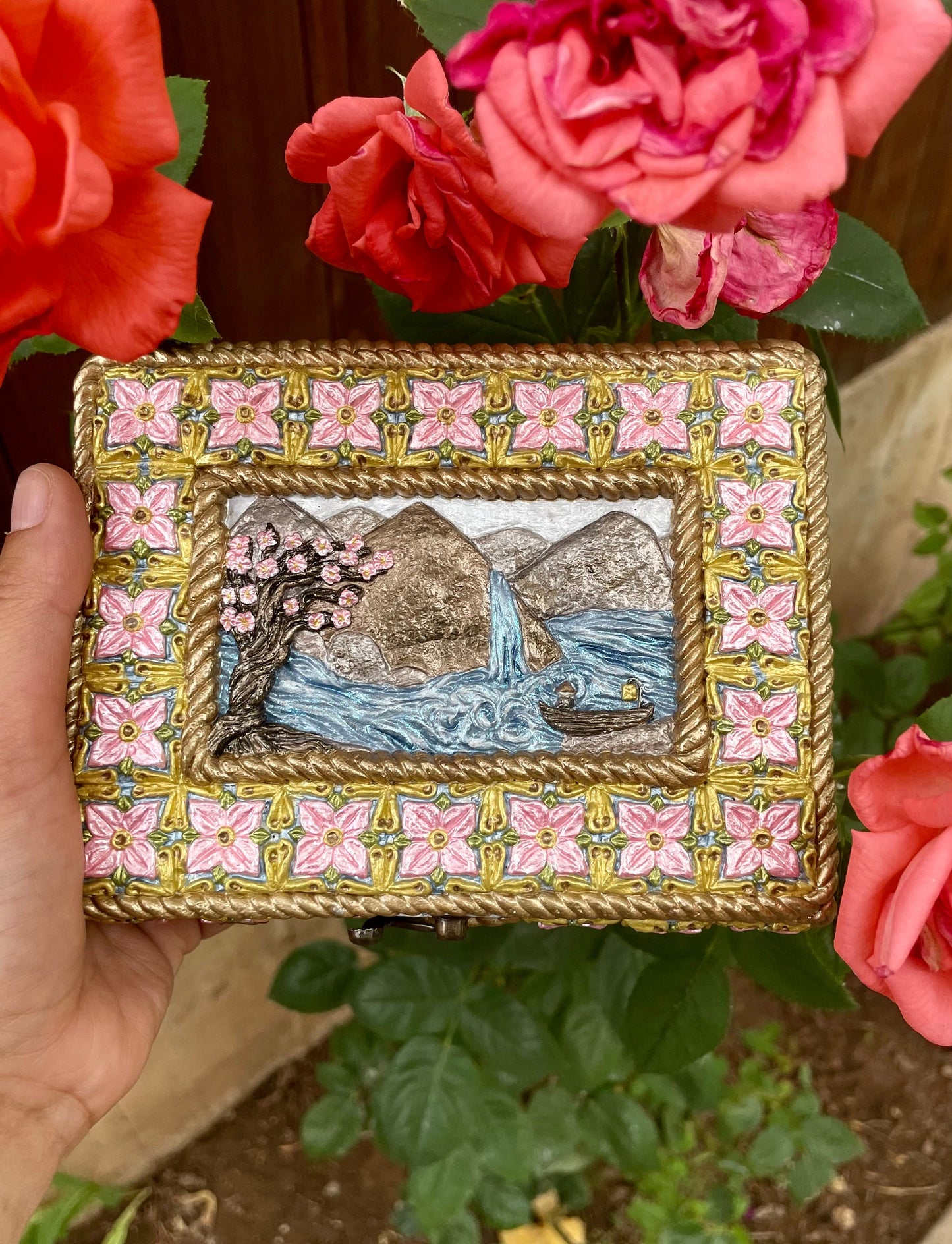 Sculpted Painted Japanese Cherry Blossom Flower Jewelry Card Box
