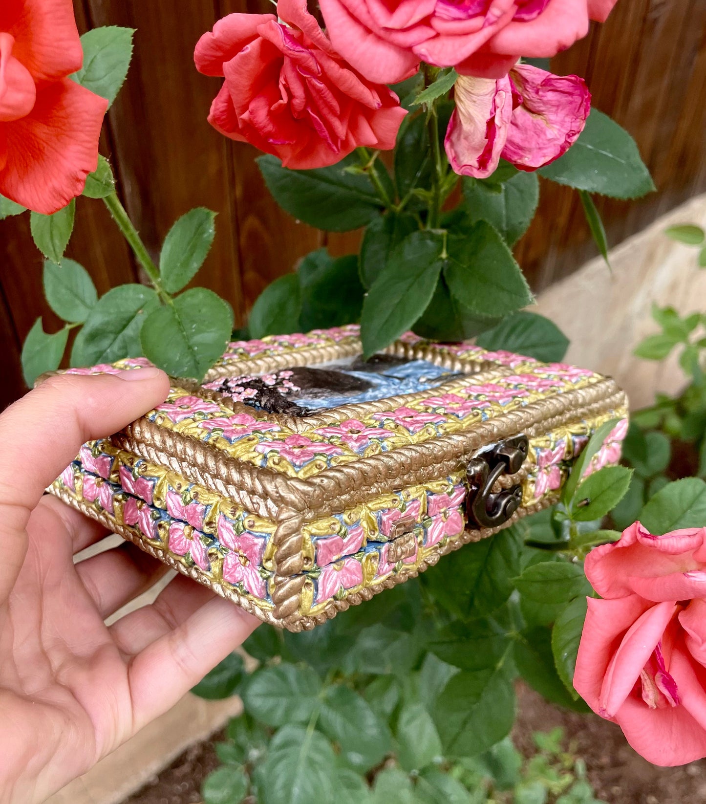 Sculpted Painted Japanese Cherry Blossom Flower Jewelry Card Box