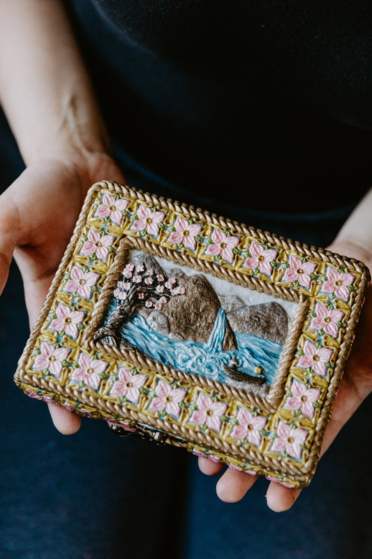 Sculpted Painted Japanese Cherry Blossom Flower Jewelry Card Box