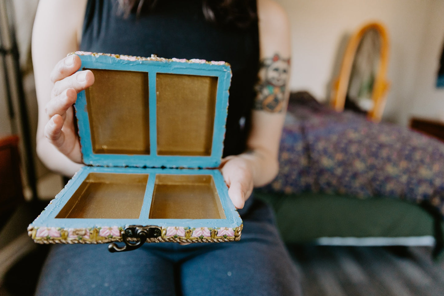 Sculpted Painted Japanese Cherry Blossom Flower Jewelry Card Box