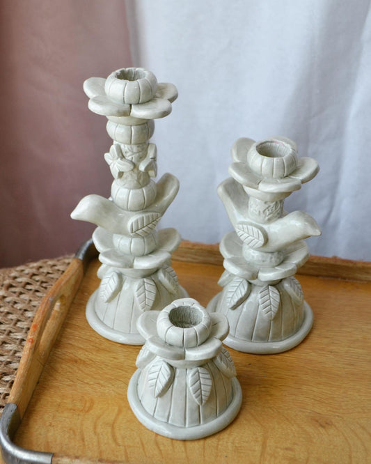 Hand-Built Ceramic Floral Spring Candle Holder Set
