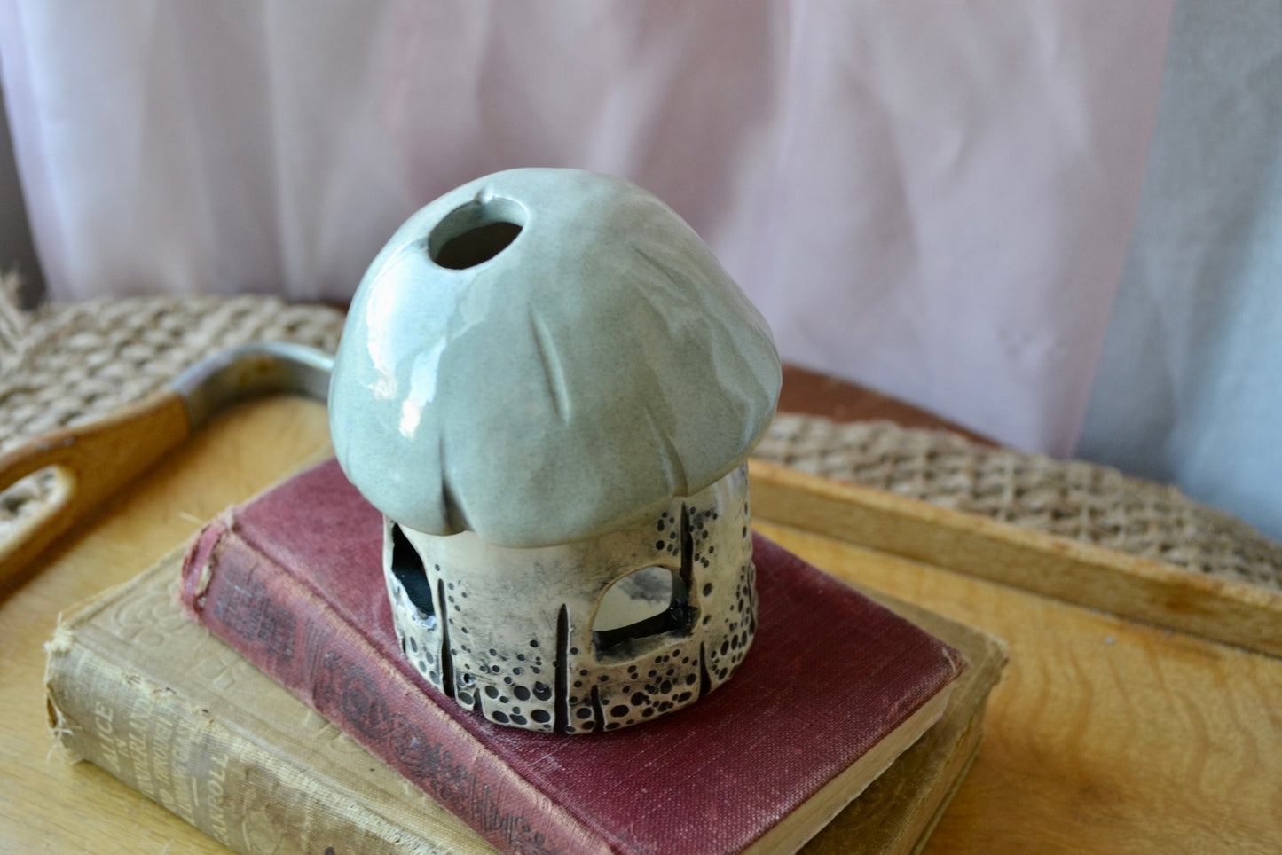 Hand Built Ceramic Tea Light Candle Holder Mushroom House