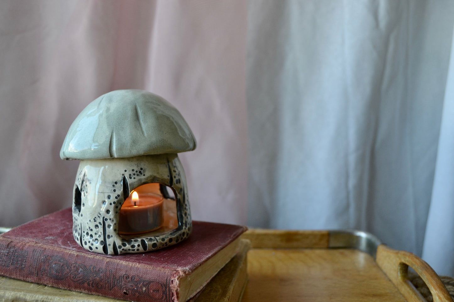 Hand Built Ceramic Tea Light Candle Holder Mushroom House