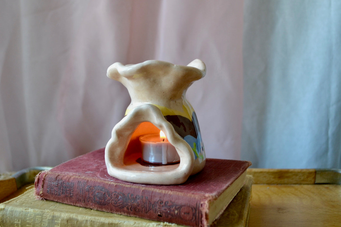Hand Sculpted and Painted Ceramic Tealight Holder/ Cone Incense Burner